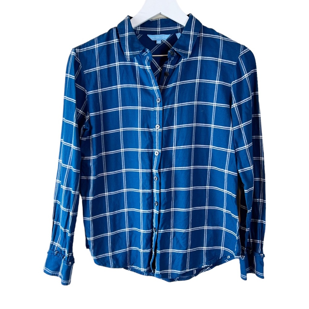 Draper James Shirt Size 4 Blue Plaid Long Sleeve Button Up Cotton Rayon